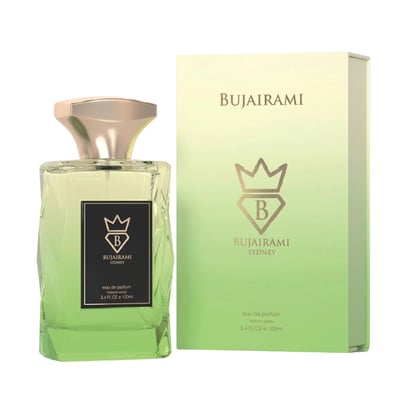 Bujairami Oasis by Bujairami 100ml EDP Unisex — Green gradient glass perfume bottle with gold cap next to its matching green gradient box, both featuring the Bujairami logo.