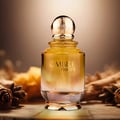 Khadlaj Ombre Notes by Khadlaj 100ml EDP Unisex — A clear glass perfume bottle with golden liquid and a ribbed gold cap, set against a blurred warm brown background with visible natural elements like wood and spices.