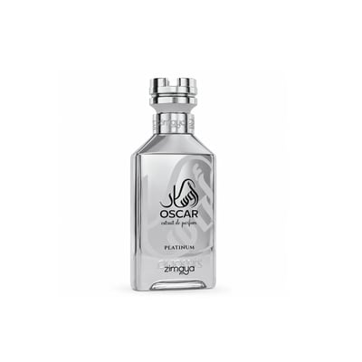Zimaya Oscar Platinum by Zimaya — Silver rectangular perfume bottle with a crown-like silver cap, featuring Arabic calligraphy and text 'OSCAR extrait de parfum' and 'PLATINUM' on the front.