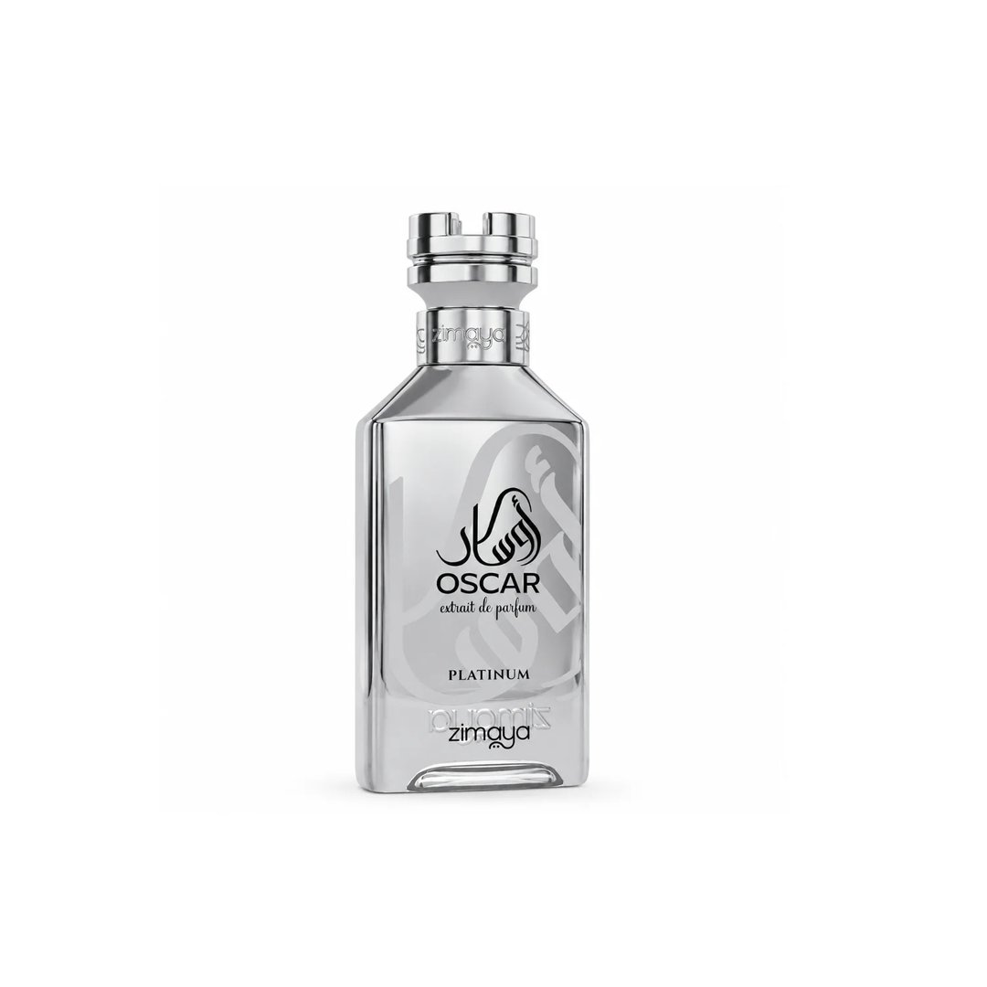 Zimaya Oscar Platinum by Zimaya — Botol minyak wangi perak berbentuk segi empat dengan penutup perak seperti mahkota, tertulis kaligrafi Arab dan teks 'OSCAR extrait de parfum' serta 'PLATINUM' di hadapan.