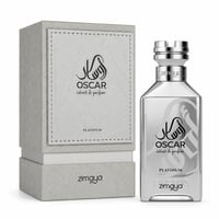 Zimaya Oscar Platinum — Silver perfume bottle and its textured grey box packaging, both featuring the brand's Arabic logo and 'OSCAR extrait de parfum PLATINUM' text.