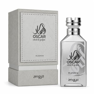 Zimaya Oscar Platinum — Silver perfume bottle and its textured grey box packaging, both featuring the brand's Arabic logo and 'OSCAR extrait de parfum PLATINUM' text.