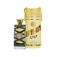 Lattafa Oud Mood Lattafa Arabian 100ml EDP — Glass perfume bottle with gold cap and black ribbon, presented with its cylindrical gold and cream patterned box.