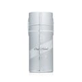 Lattafa Oud Mood Reminiscence Lattafa 100ml — Silver cylindrical spray bottle with ornate silver patterns and a white ribbon band with Arabic script and "Oud Mood" text. | Botol semburan silinder perak dengan corak perak berhias dan jalur reben putih dengan tulisan Arab dan teks "Oud Mood".