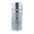 Lattafa Oud Mood Reminiscence 100ml — A grey cylindrical perfume bottle with a silver ornate patterned cap and a silver chain attached. The label shows 'Oud Mood' and ingredient list. | Lattafa Oud Mood Reminiscence 100ml — Botol minyak wangi kelabu silinder dengan penutup corak perak berhias dan rantai perak