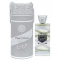 Lattafa Oud Mood Reminiscence Lattafa 100ml — A grey cylindrical box with silver ornate patterns and a silver ribbon handle stands next to a clear glass perfume bottle with a silver cap, wrapped in white ribbon. | Lattafa Oud Mood Reminiscence Lattafa 100ml — Kotak silinder kelabu dengan corak perak berornamen dan