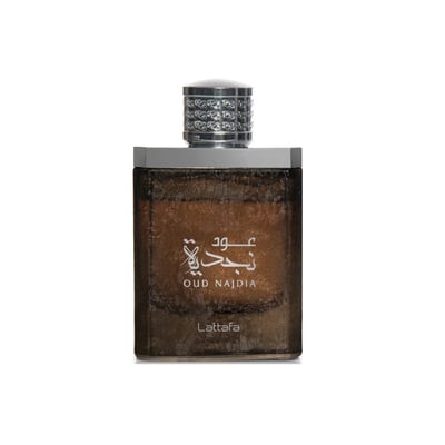 Lattafa Oud Najdia — Square brown glass perfume bottle with a textured finish, featuring Arabic script and 'OUD NAJDIA' text, topped with a silver cap encrusted with rhinestones. 'Lattafa' is printed at the bottom.