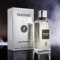Maison Alhambra Panther Pour Homme — A silver box and a clear glass perfume bottle with a silver cap, both featuring the Panther logo and text, are displayed against a smoky, dark background. | Maison Alhambra Panther Pour Homme — Kotak perak dan botol minyak wangi kaca jernih dengan penutup perak, kedua-duanya