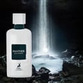 Maison Alhambra Panther Pour Homme — A white perfume bottle with a black label sits in front of a dark cave with a waterfall cascading down | Maison Alhambra Panther Pour Homme — Sebotol minyak wangi putih dengan label hitam terletak di hadapan gua gelap dengan air terjun mengalir turun