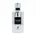 Maison Alhambra Panther Pour Homme Maison Alhambra 100ml — A sleek, silver, rectangular perfume bottle with a black label that reads "PANTHER pour homme" and a deer logo below. | Maison Alhambra Panther Pour Homme Maison Alhambra 100ml — Botol minyak wangi perak segiempat yang ramping dengan label hitam bertuliskan