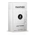Maison Alhambra Panther Pour Homme — White perfume box with embossed "PANTHER" text and a circular logo featuring a deer silhouette. | Maison Alhambra Panther Pour Homme — Kotak minyak wangi putih dengan teks "PANTHER" timbul dan logo bulat menampilkan siluet rusa.