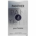Maison Alhambra Panther Pour Homme 100ml — A silver box for Panther Pour Homme fragrance, featuring the brand logo and text. | Maison Alhambra Panther Pour Homme 100ml — Kotak perak untuk wangian Panther Pour Homme, menampilkan logo dan teks jenama.
