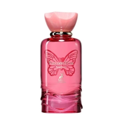 Maison Alhambra Papillon D'Or 100ml by Maison Alhambra — A pink glass perfume bottle with a butterfly design and a pink, petal-shaped cap, set against a white background. | Maison Alhambra Papillon D'Or 100ml by Maison Alhambra — Botol minyak wangi kaca merah jambu dengan rekaan rama-rama dan penutup berbentuk kelopak