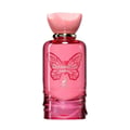 Maison Alhambra Papillon D'Or 100ml by Maison Alhambra — A pink glass perfume bottle with a butterfly design and a pink, petal-shaped cap, set against a white background. | Maison Alhambra Papillon D'Or 100ml by Maison Alhambra — Botol minyak wangi kaca merah jambu dengan rekaan rama-rama dan penutup berbentuk kelopak