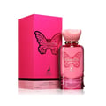 Maison Alhambra Papillon D'Or 100ml by Maison Alhambra — A pink perfume bottle with a butterfly design and a matching pink box with a butterfly design, set against a white background. | Maison Alhambra Papillon D'Or 100ml by Maison Alhambra — Botol minyak wangi merah jambu dengan rekaan rama-rama dan kotak merah jambu