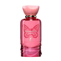 Maison Alhambra Papillon D'Or 100ml by Maison Alhambra — A pink glass perfume bottle with a pink butterfly design and a pink petal-shaped cap, set against a white background. | Maison Alhambra Papillon D'Or 100ml by Maison Alhambra — Botol kaca berwarna merah jambu dengan rekaan rama-rama merah jambu dan penutup