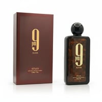 Afnan 9PM Elixir — A brown box and a dark glass bottle with gold accents and "9 PM ELIXIR" text, set against a white
