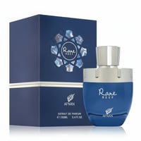Afnan Rare Reef by Afnan 100ml Extrait de Parfum — Set wangian biru dengan kotak biru bertekstur dan botol kaca biru berkilat dengan penutup perak berkilat, logo Afnan di kedua-dua kotak dan botol.