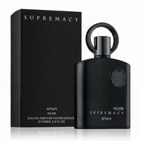 Afnan Supremacy Noir by Afnan 100ml EDP Men — Set wangian lelaki Afnan Supremacy Noir, termasuk botol hitam legap dan kotak hitam bertekstur dengan logo timbul, latar belakang putih bersih.