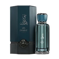 Al Wataniah Ain Emarat Eternal Extrait Perfume — Teal fluted bottle and matching box with Arabic calligraphy and lion emblem