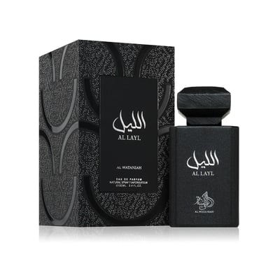 Al Wataniah Al Layl — Black perfume bottle and box with Arabic script and textured pattern.