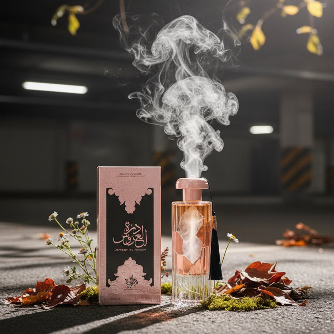 Afnan Supremacy Collector’s Edition — Exploding perfume bottle with lemon, apple slices, leaves, and glass shards flying out.