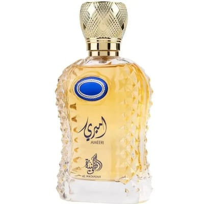 Al Wataniah Ameeri by Al Wataniah for Men 100ml EDP — Clear glass perfume bottle with gold textured cap and blue oval