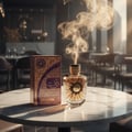 Al Wataniah Granada — Perfume bottle with ornate gold cap emitting smoke, next to its textured gold box on a patterned cloth