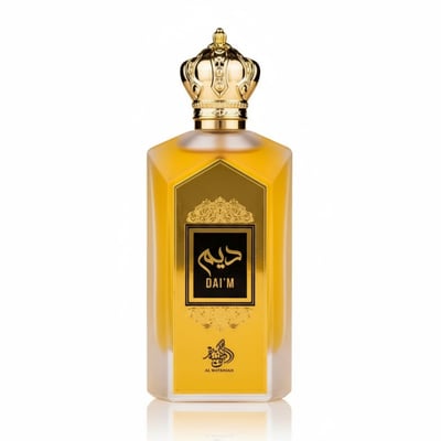 Al Wataniah Daim by Al Wataniah 100ml EDP – Women — Golden crown cap on a clear glass perfume bottle with gold label and