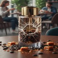 Afnan Rare Reef — Blue perfume bottle with ingredients exploding upwards, including amber, wood, and coffee beans.