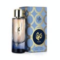 Afnan Rare Reef — Blue perfume bottle sits on car console with city skyline and palm trees visible through windshield.