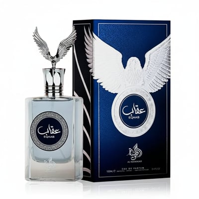 Al Wataniah Eqaab Elite 100 ml — Clear glass perfume bottle with silver eagle topper, next to a blue box with a white eagle
