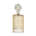 Afnan Supremacy In Heaven — Clear glass perfume bottle with blue to white gradient, silver cap and emblem, isolated on white.