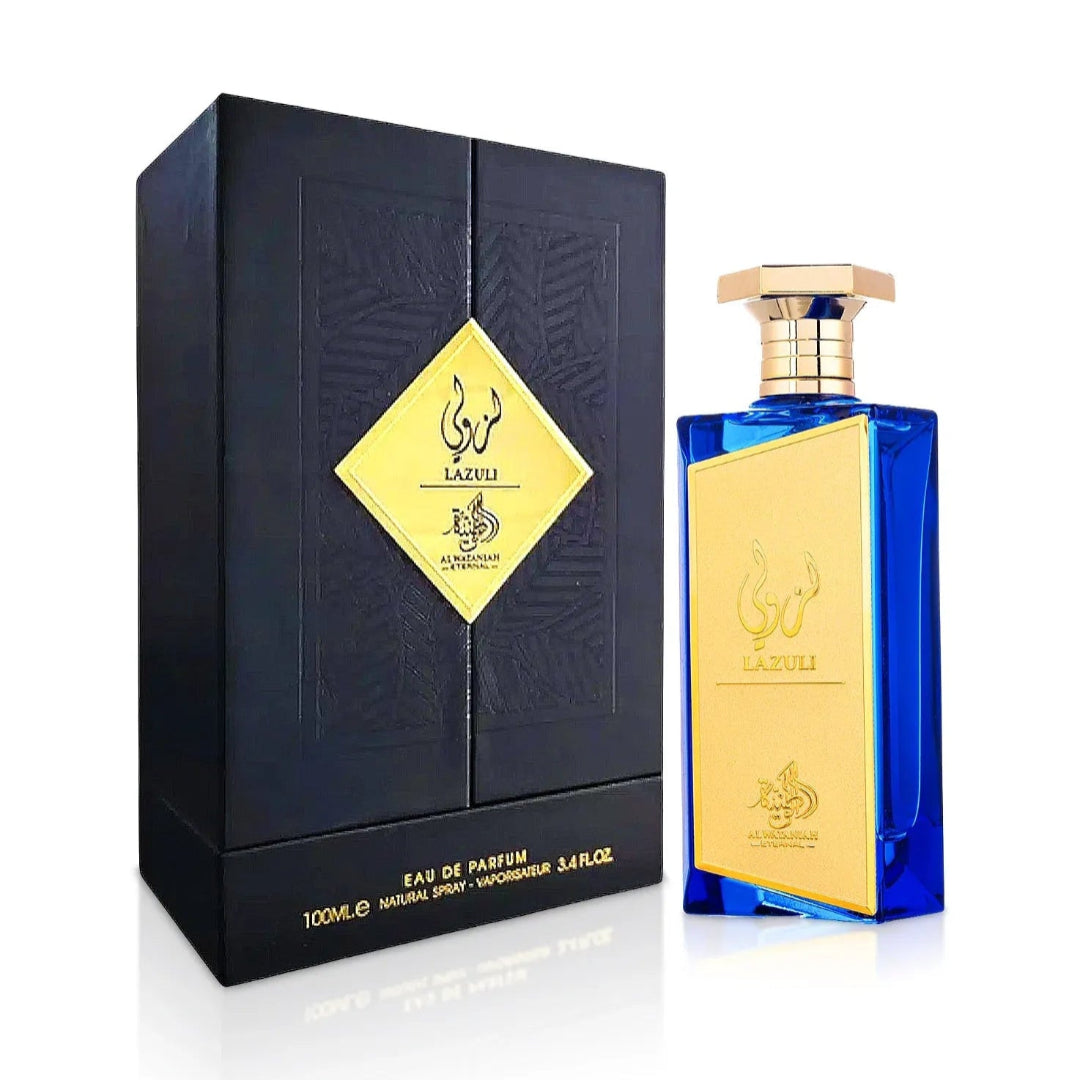 Afnan Turathi Brown — Amber perfume bottle on a wooden dresser with cufflinks and a suit jacket in background
