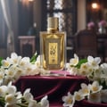 Afnan Supremacy Silver by Afnan 100ml EDP Men — Silver bottle with jasmine flowers and wood shards exploding outwards on a