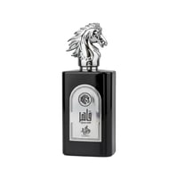 Al Wataniah Qahir Man — Black rectangular perfume bottle with a silver horse head cap and a silver label featuring Arabic