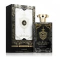 Al Wataniah Alexandrite Nawal — Black perfume bottle with gold cap next to its black and gold box, both featuring Arabic