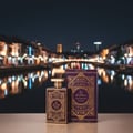 Al Wataniah Ain Emarat — Brown ribbed box with gold eagle emblem next to amber glass perfume bottle with gold accents