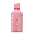 Pink perfume bottle with decorative elements on a white background