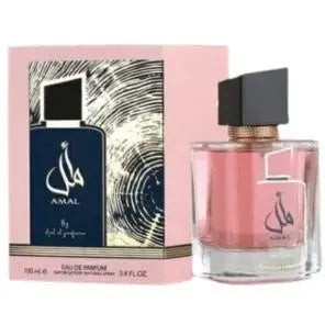 Al Wataniah Lazuli – Blue glass bottle with gold accents, open black box with gold leaf pattern, gold tag