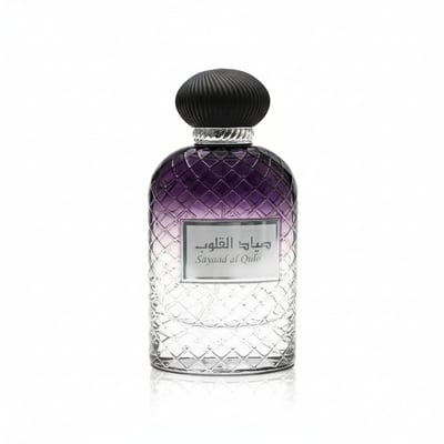 Ard Al Zaafaran Sayaad Al Quloob — Clear glass bottle with diamond pattern, purple gradient top, and black ribbed cap