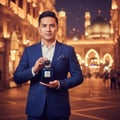 Al Wataniah Rose Mystery Intense — A purple and gold ornate perfume bottle displayed on a glass pedestal in a brightly lit
