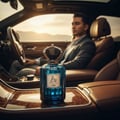 Al Wataniah Rose Mystery Intense — Woman in green silk dress holding perfume bottle inside a luxury car