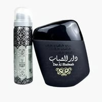 Ard Al Zaafaran Dar Al Shabaab — Black spray can with silver pattern next to a black, angular perfume bottle with Arabic text