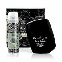 Ard Al Zaafaran Dar Al Shabaab — Black fragrance bottle and spray can with ornate silver packaging