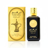 Ard Al Zaafaran Dirham Gold — Black perfume bottle and gold box with Arabic calligraphy and an image of a dallah.