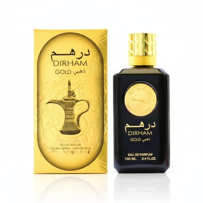 Ard Al Zaafaran Dirham Gold — Black perfume bottle and gold box with Arabic calligraphy and an image of a dallah.