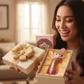 Al Wataniah Tiara Pink – Pink box, perfume bottle, yellow orchids, sliced lime, pear, and lychee on wooden surface with