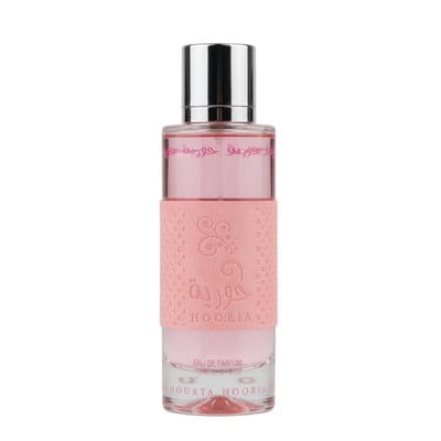 Ard Al Zaafaran Hooria — Pink perfume bottle with silver cap and textured pink band, white background