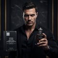 Al Wataniah Zaeem — Red perfume bottle and cracked box with rose petals, oud wood, and lavender on a reflective surface with